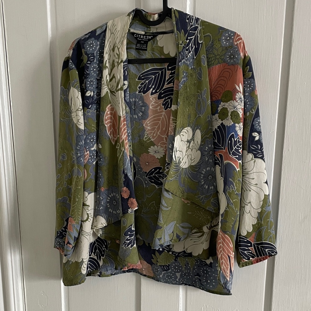 Citron 100% Silk Women's Floral Open Front Jacket